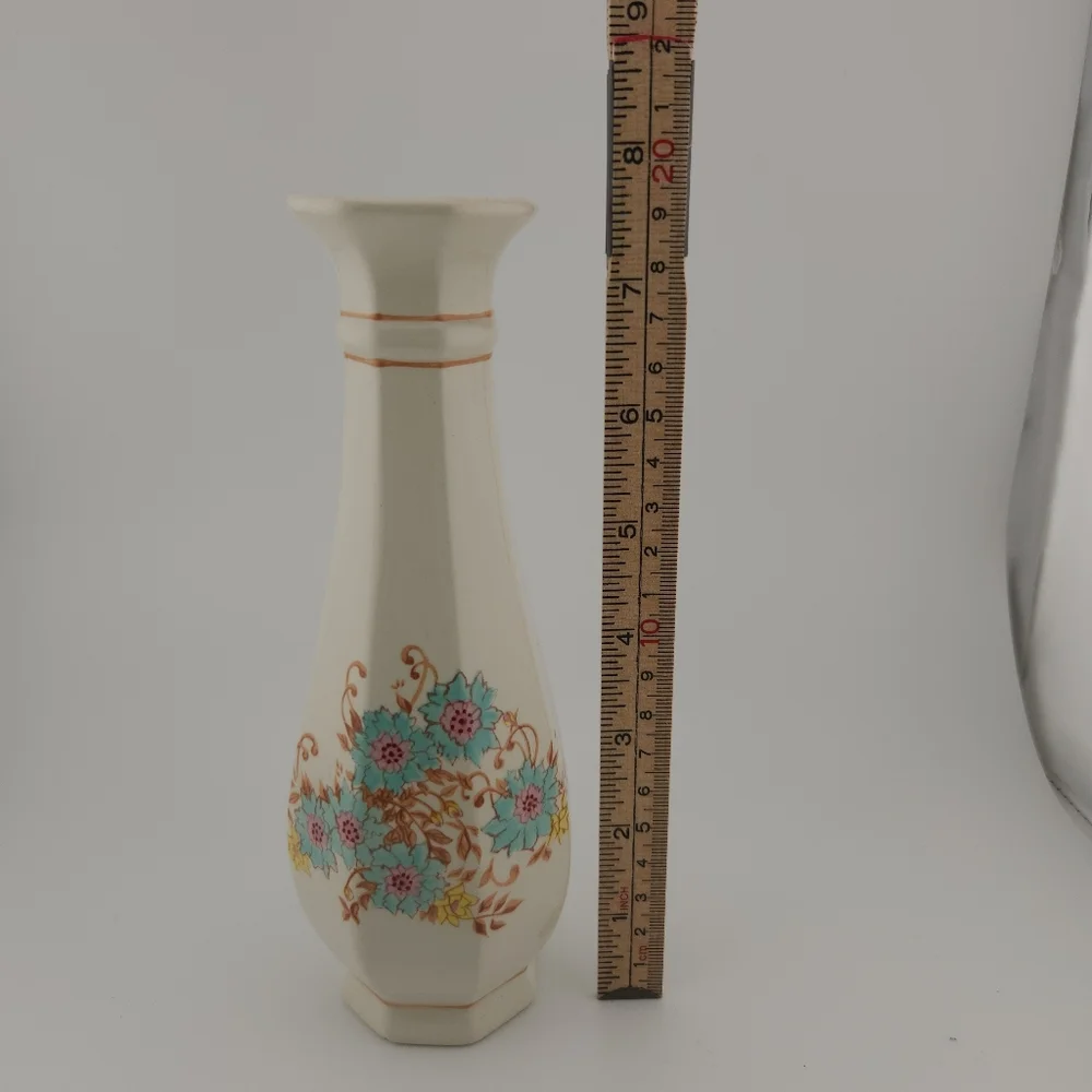 Vintage Floral Ceramic Vase - Cream with Blue and Yellow Accents